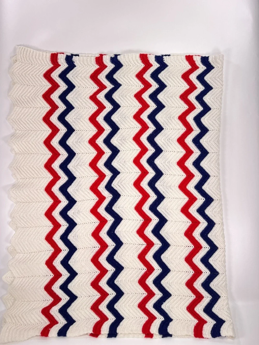 Handmade Red White Blue Chevron Crochet Afghan Blanket Throw 58x36